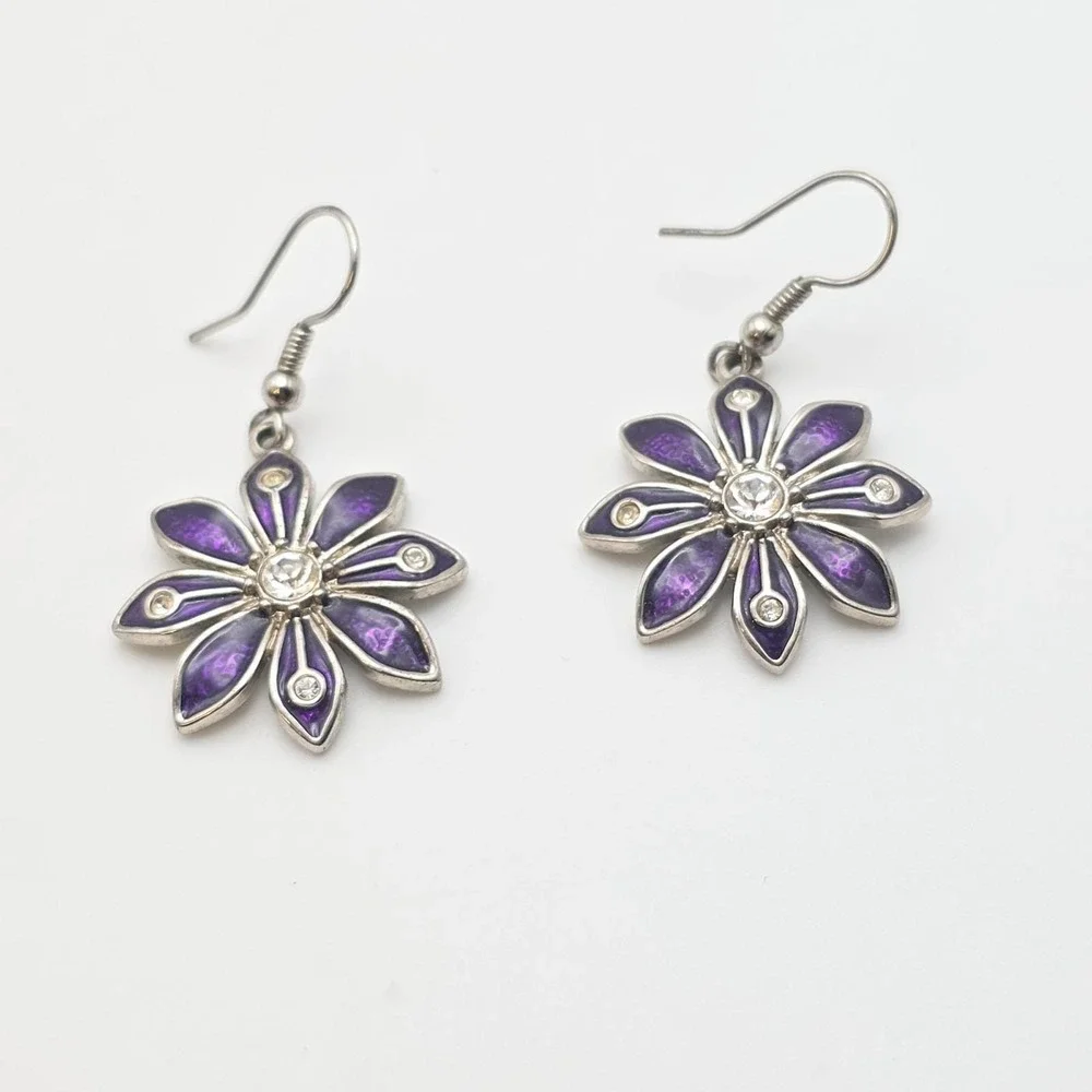 Signed C Earrings Purple Enamel Flower Clear Crystal Accents Dangle Silver‎ Tone
